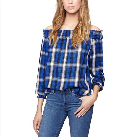 SANCTUARY venus off the shoulder women plaid blue  blouse/size M - Picture 1 of 1